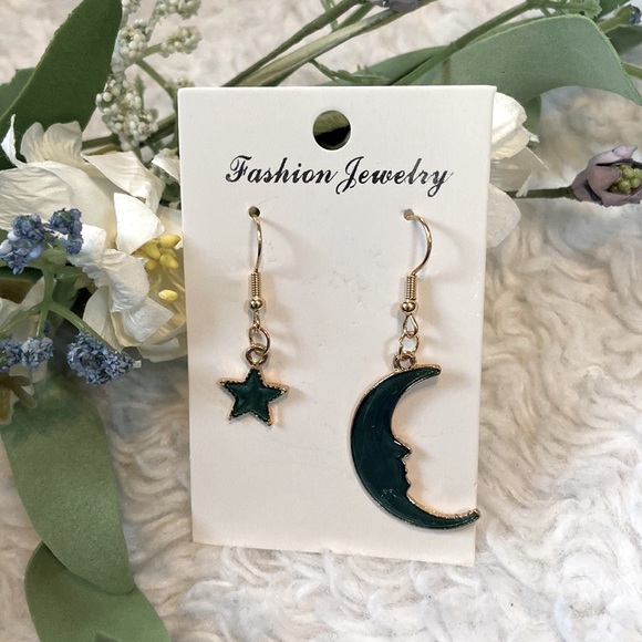 Celestial 💫 Earrings Moon Star Dangly Gold Green Blue Rich Iridescent - Picture 2 of 7